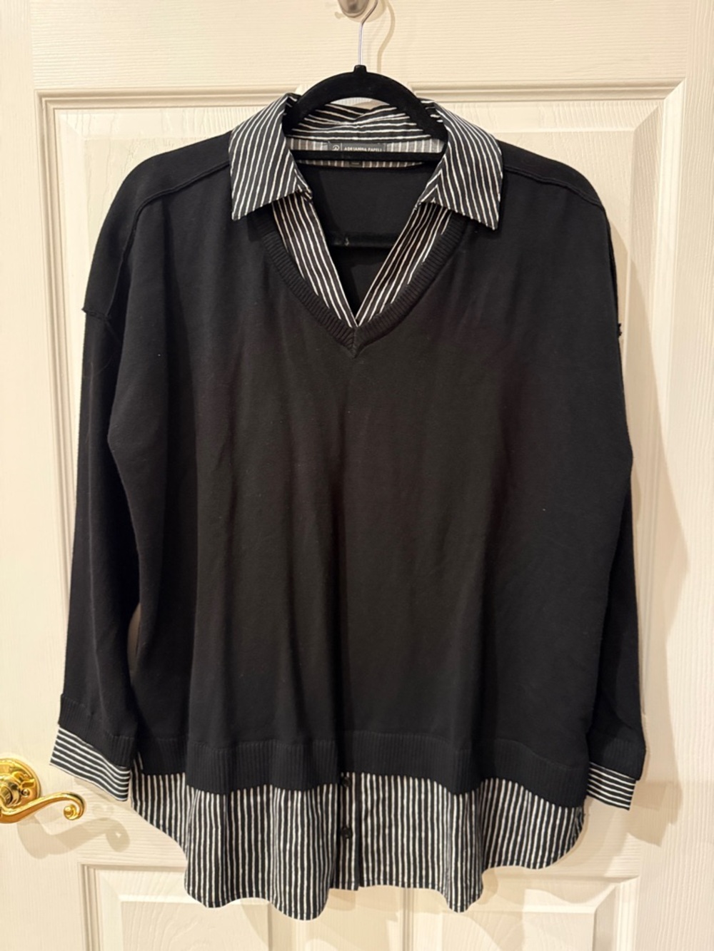 Adrianna Papell Black Sweater with Black-and-White Striped Trim